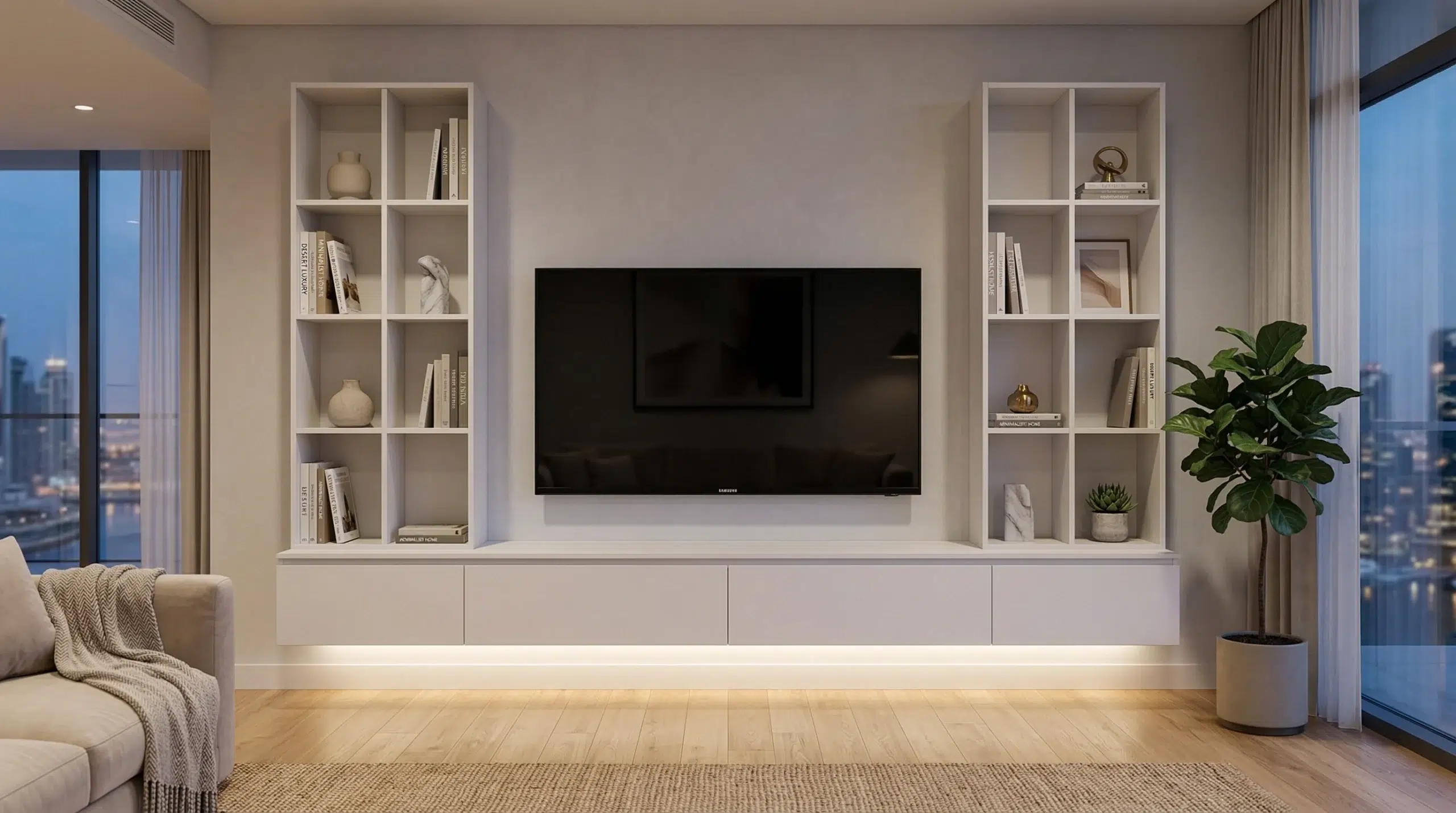 Living room TV units Dubai — wall-mounted media unit with display shelves UAE Karnak Home