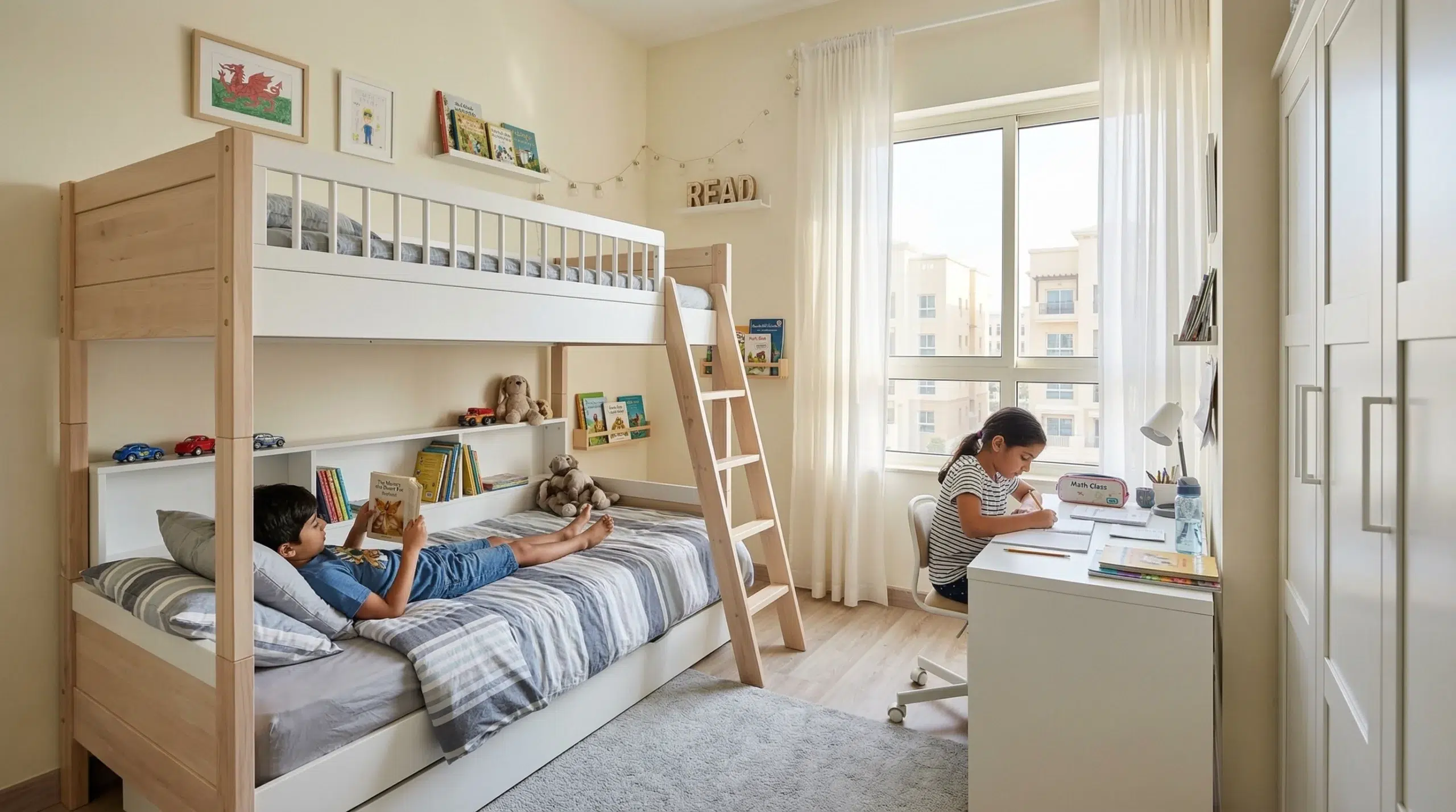 Kids furniture Dubai — bunk bed and study desk in UAE apartment children's room Karnak Home