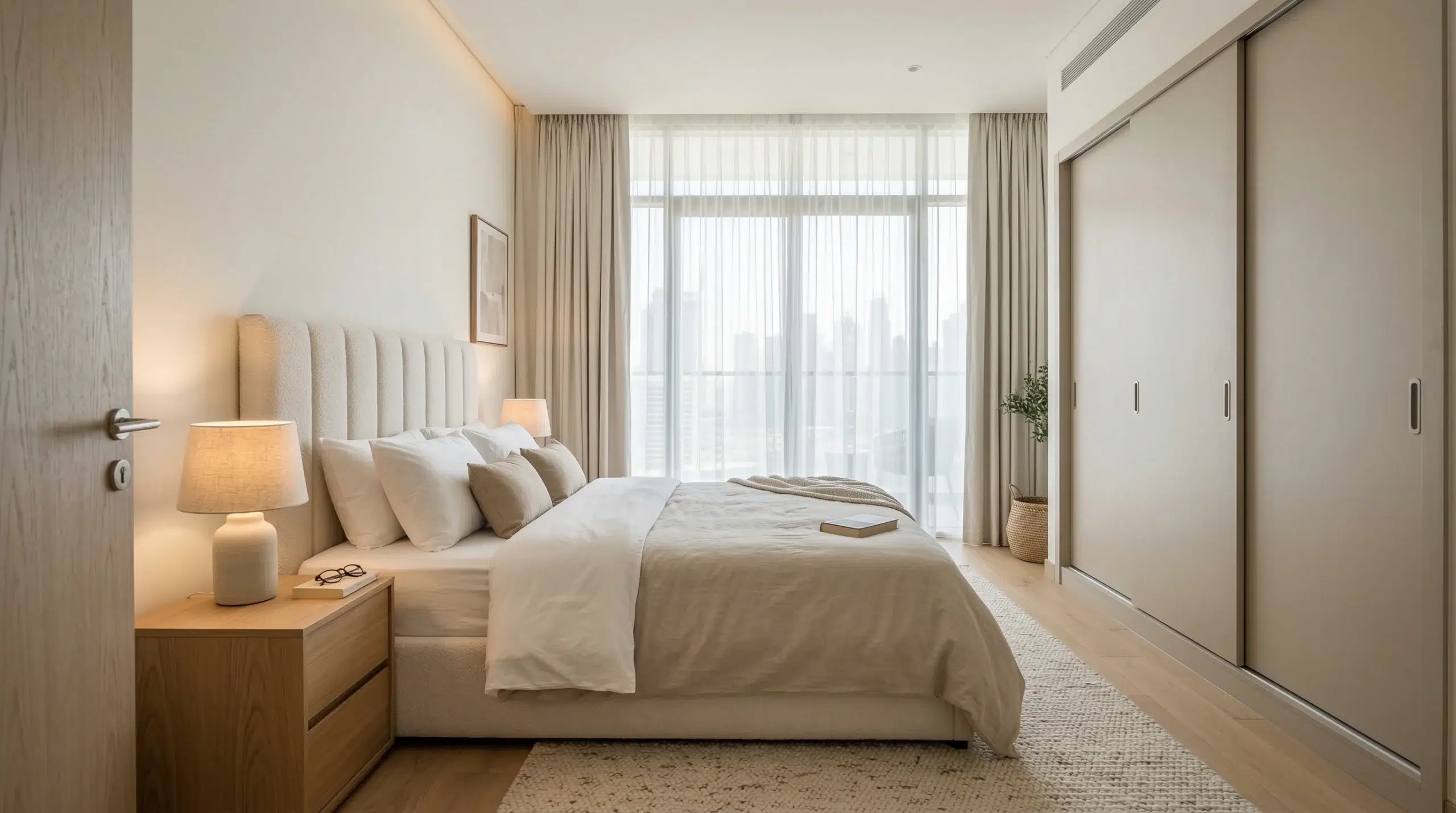 Bedroom furniture Dubai — king upholstered bed wardrobe nightstands, matched bedroom set UAE Karnak Home