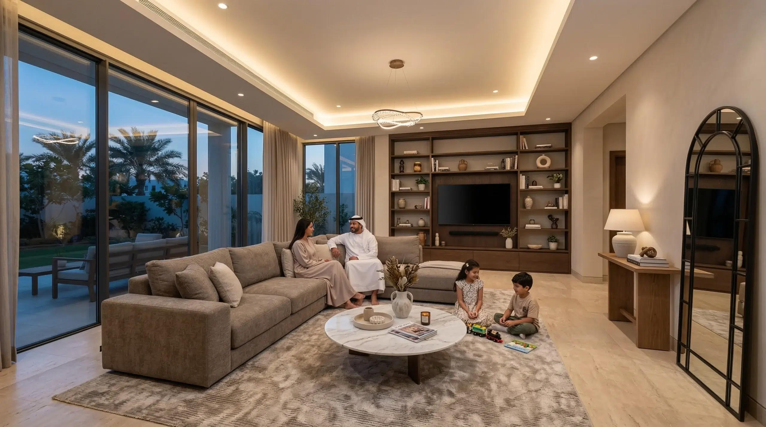 Living room furniture Dubai — fully furnished UAE villa living room with sofa TV unit coffee table Karnak Home