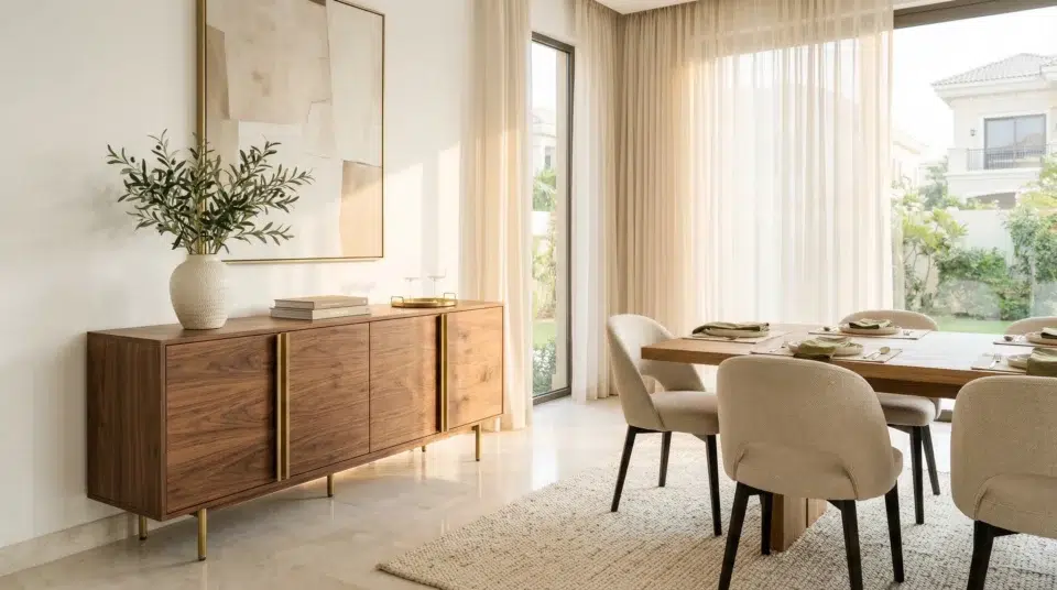 Buffets Dubai buying guide, walnut sideboard in a Dubai villa dining room styled by Karnak Home UAE