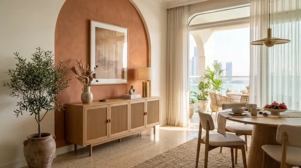 Modern buffet furniture Dubai 2026 trend — warm oak sideboard in Abu Dhabi apartment, Karnak Home UAE