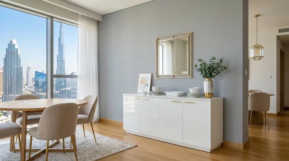 Wooden buffet cabinet in a Business Bay, Dubai apartment, Karnak Home UAE dining storage