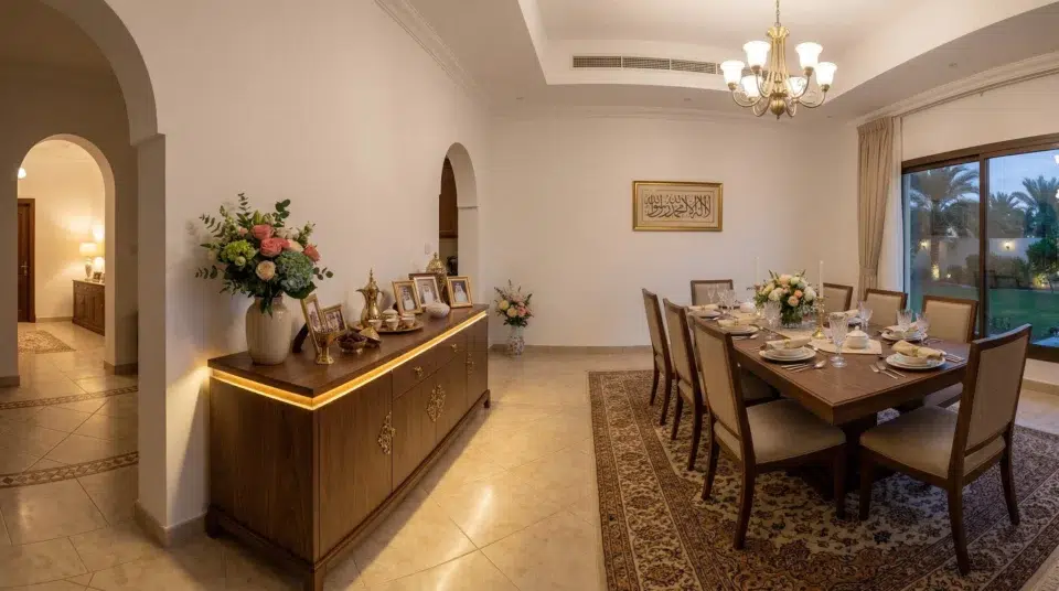 Sideboard UAE family home — walnut buffet with brass hardware in Sharjah villa dining room, Karnak Home