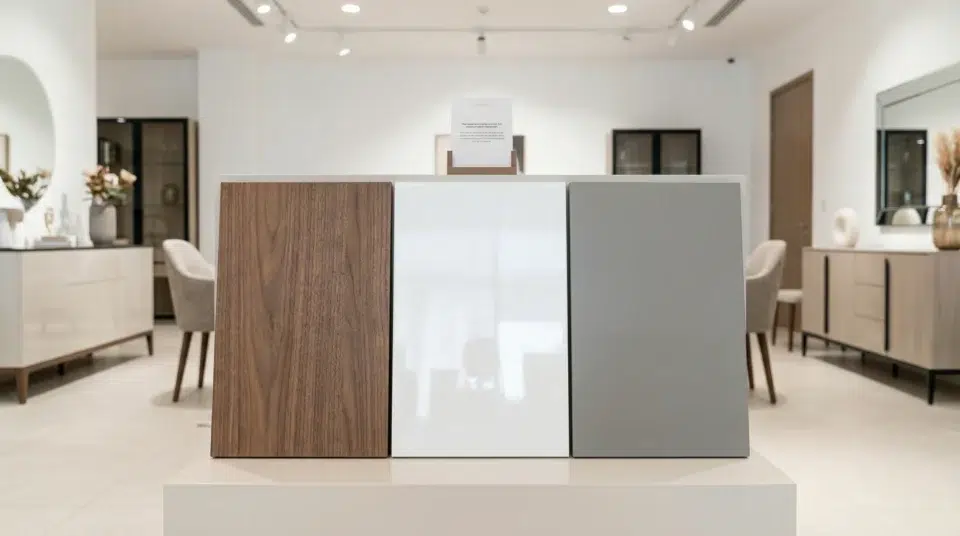 Buffet cabinet UAE materials comparison — walnut veneer, high-gloss lacquer, matte MDF, Karnak Home