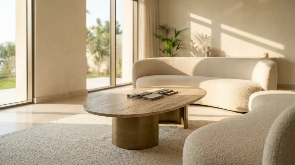 Center table trends 2026 UAE sculptural sintered stone oval table in Palm Jumeirah villa, Karnak Home