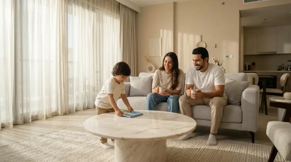 How to choose center table Dubai apartment family gathering around round marble center table Karnak Home UAE