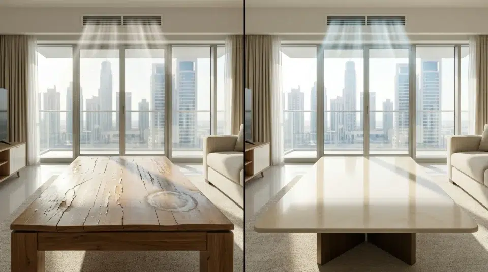 Center table materials Dubai climate comparison warped wood versus sintered stone apartment Karnak Home UAE 2026