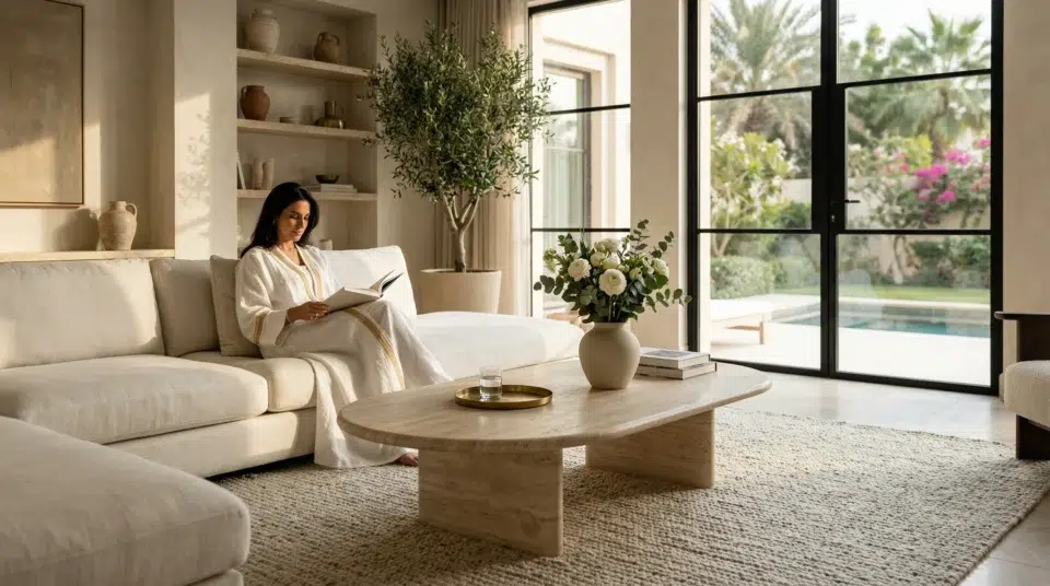 Sofa to coffee table ratio measurement guide Dubai Hills villa natural oak center table Karnak Home UAE