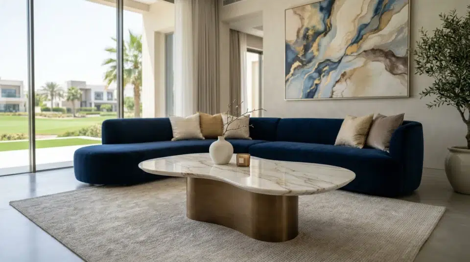 Organic sculptural center table trend 2026 in Jumeirah Golf Estates Dubai villa, Karnak Home UAE