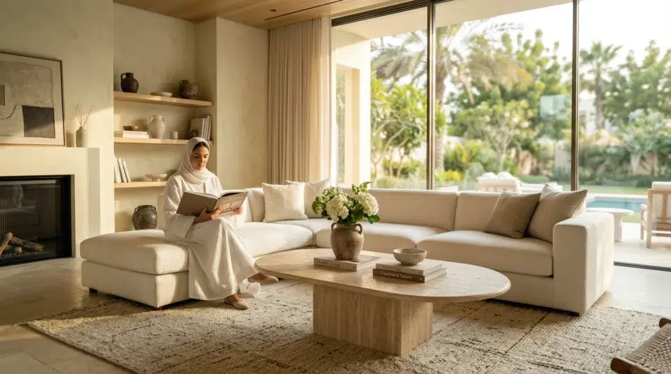 Travertine oval center table Abu Dhabi villa living room 2026 trend luxury UAE Karnak Home