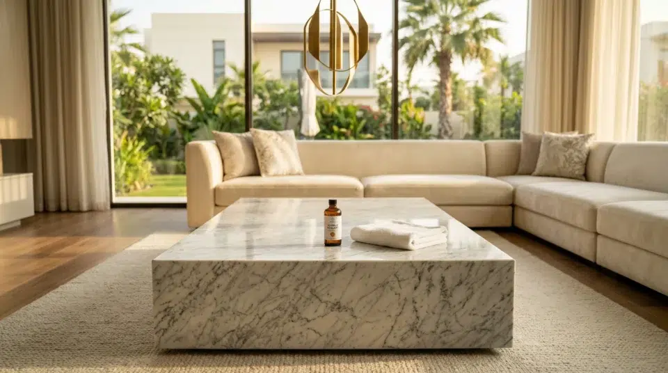 Marble center table maintenance, Dubai Hills villa, UAE, natural Carrara marble sealant application, Karnak Home