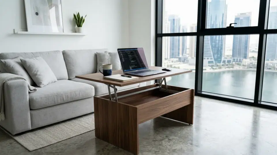 Lift-top multifunctional center table trend 2026 in JLT Dubai apartment, Karnak Home UAE