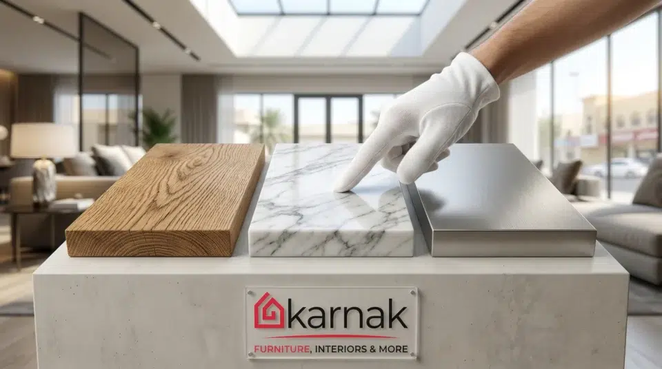 Center table material comparison oak marble brushed steel Karnak Home UAE showroom climate guide