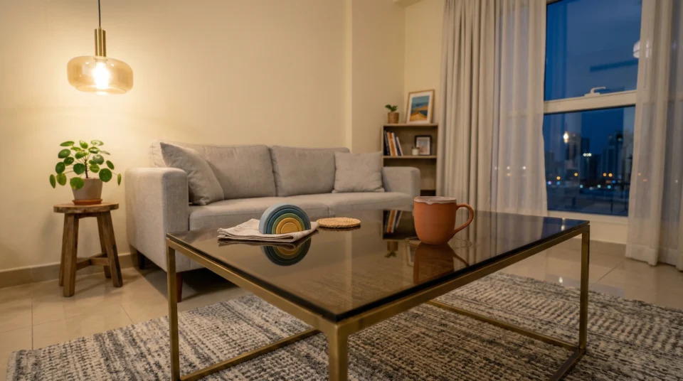 Glass center table, humidity Dubai Sharjah apartment bronze tinted tempered glass family UAE Karnak Home