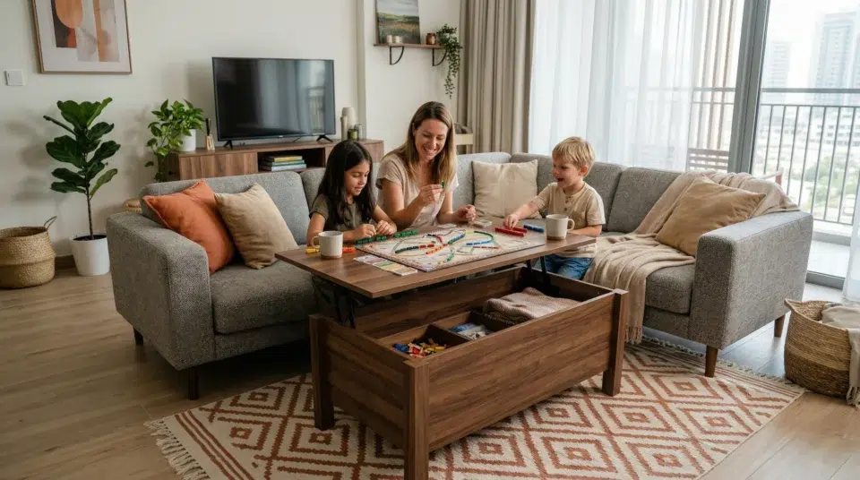 Mid-range lift-top center table Dubai JVC apartment family board game lifestyle Karnak Home UAE 2026