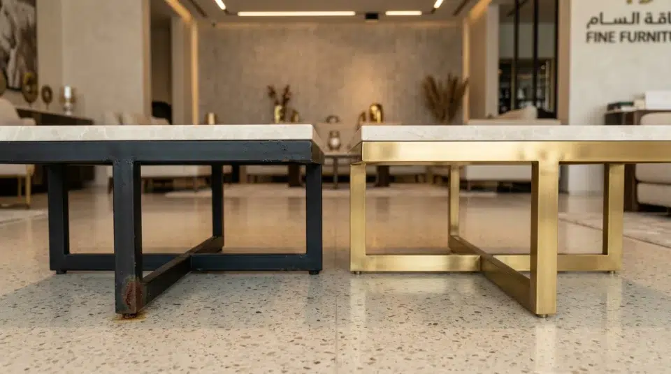 Metal furniture rust UAE center table frame comparison powder coat rust versus brushed brass Abu Dhabi Karnak Home