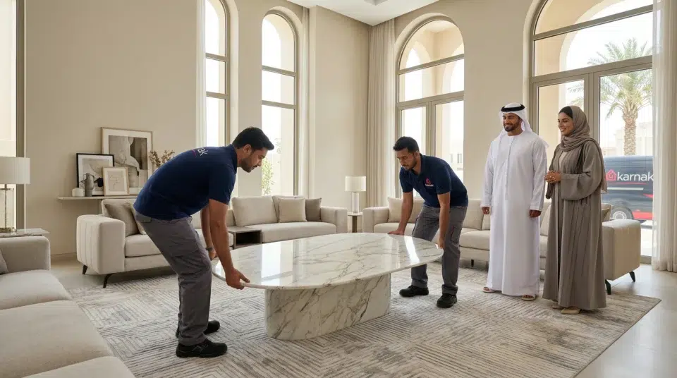 Karnak Home delivery professionals installing marble center table Jumeirah villa UAE professional service