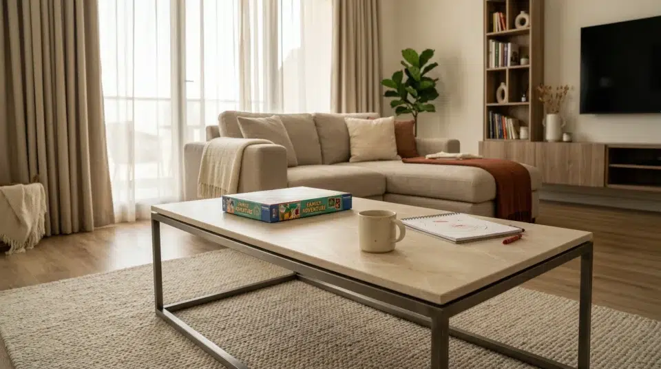 Sintered stone center table JVC apartment UAE family lifestyle stain resistant mid-range 2026 Karnak Home