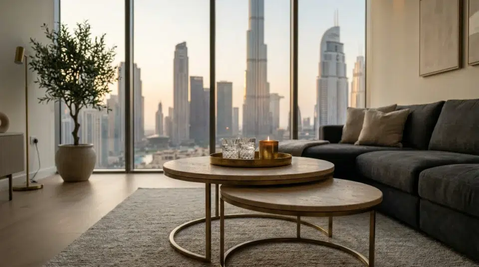 Nesting center table trend 2026 in Downtown Dubai apartment with Burj Khalifa view, Karnak Home UAE