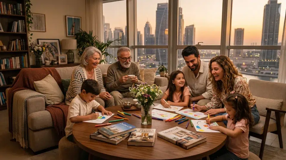 Multigenerational UAE family gathered around round walnut center table Dubai JLT apartment lifestyle Karnak Home