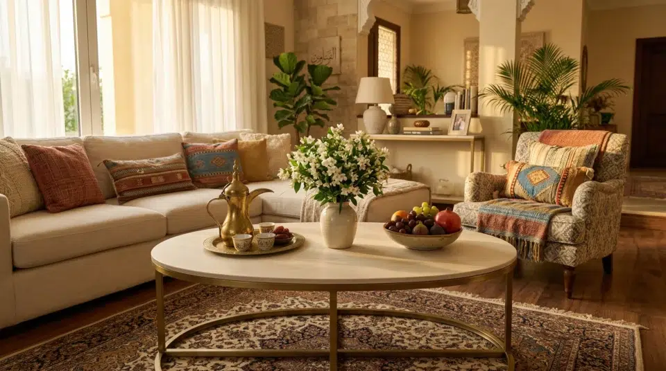 Sintered stone center table Abu Dhabi villa multigenerational UAE family lifestyle Karnak Home 2026 climate proof