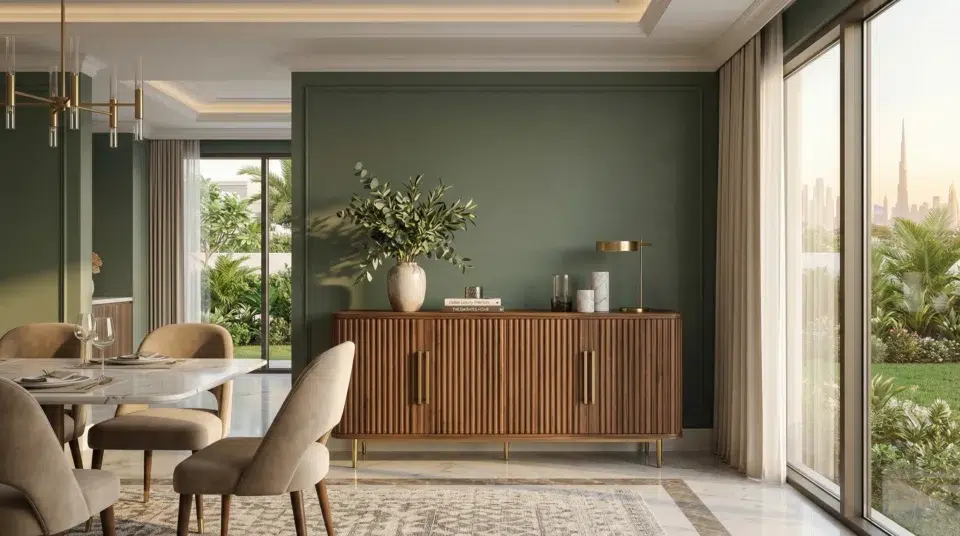 Buffet trends Dubai 2026 — fluted walnut sideboard in Emirates Hills villa dining room, Karnak Home UAE