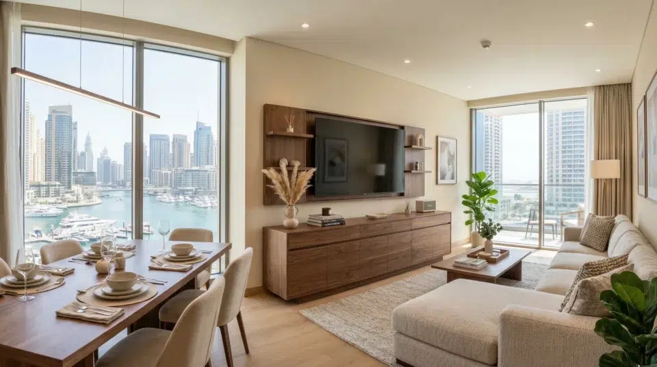 Buffet vs TV unit UAE low sideboard under wall-mounted TV in Dubai Marina open-plan apartment, Karnak Home