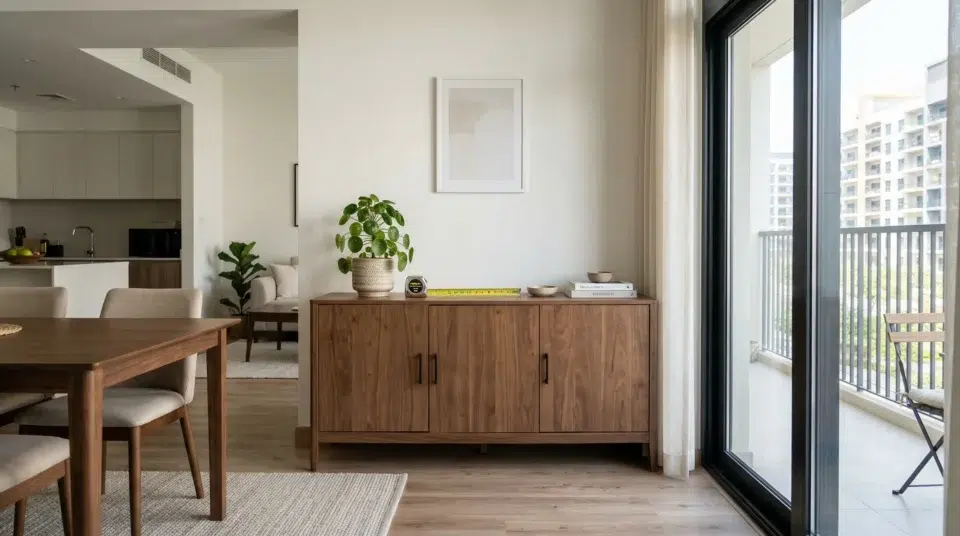 Wood vs gloss buffet Dubai — walnut sideboard vs high-gloss white sideboard in UAE homes, Karnak Home