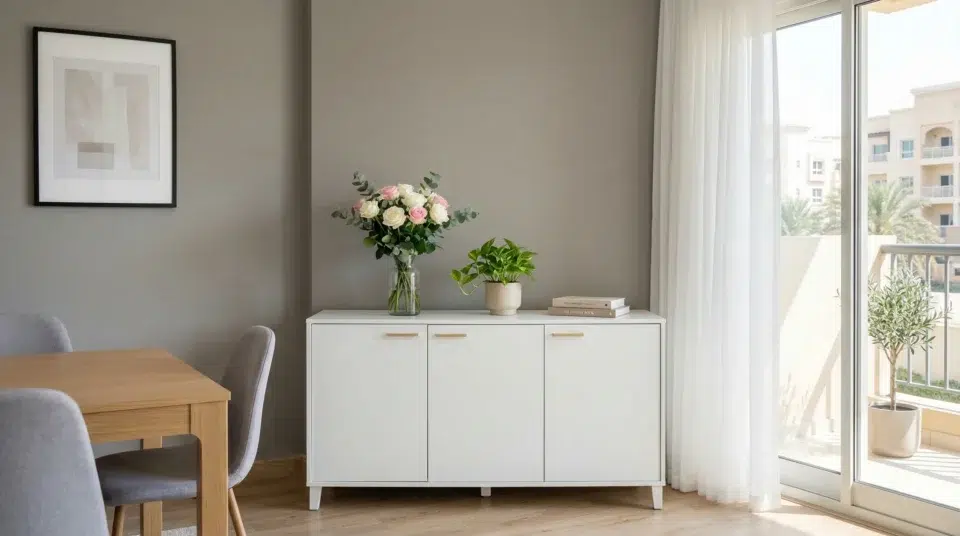 Buffet size Dubai apartment, 140cm slim walnut buffet in JVC two-bedroom, Karnak Home UAE size guide