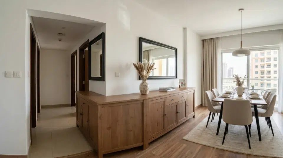 Buffet under AED 5000 Dubai — styled white sideboard in Al Barsha apartment, affordable UAE pick, Karnak Home