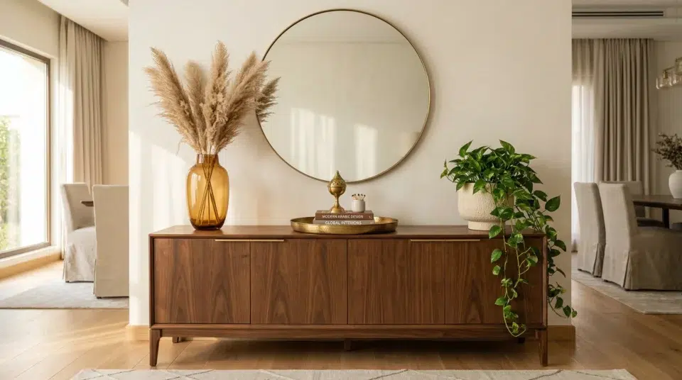 How to style buffet Dubai — walnut sideboard with brass tray and mirror in Jumeirah villa, Karnak Home UAE