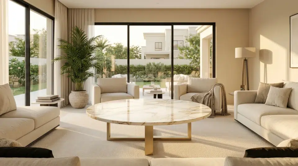 Center tables Dubai marble-top round center table in Arabian Ranches villa living room, Karnak Home UAE