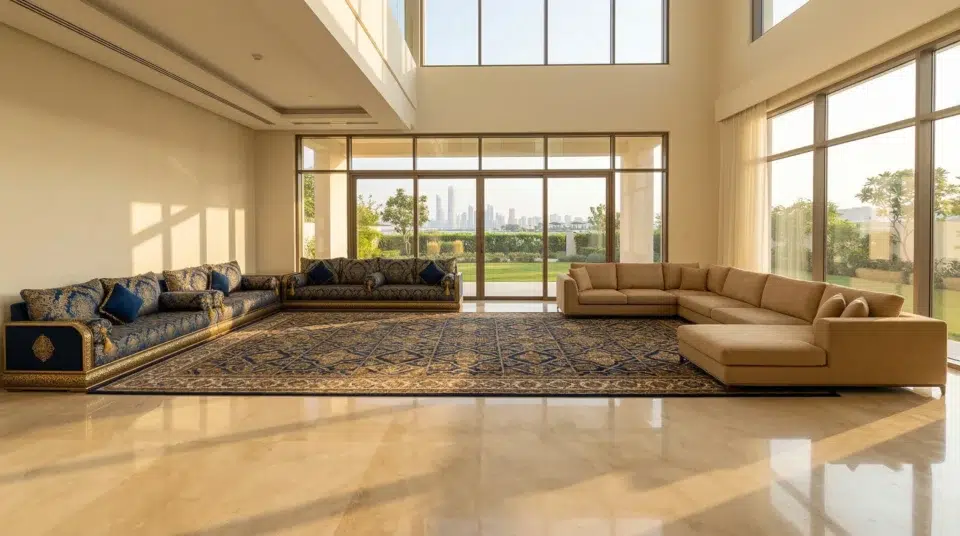 Majlis and modern living room furniture UAE villa blend 2026 — Karnak Home Abu Dhabi
