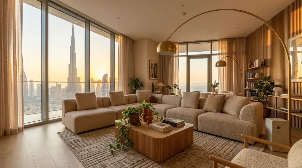 Living room trends Dubai 2026 — bouclé sofa penthouse Karnak Home