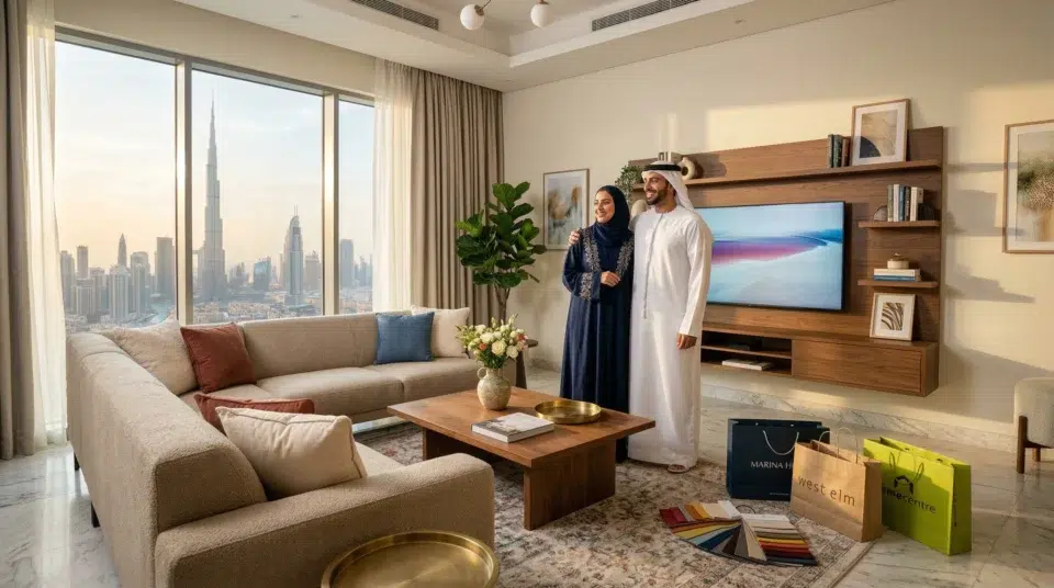 Buy living room furniture Dubai — couple furnishing UAE apartment Karnak Home 2026