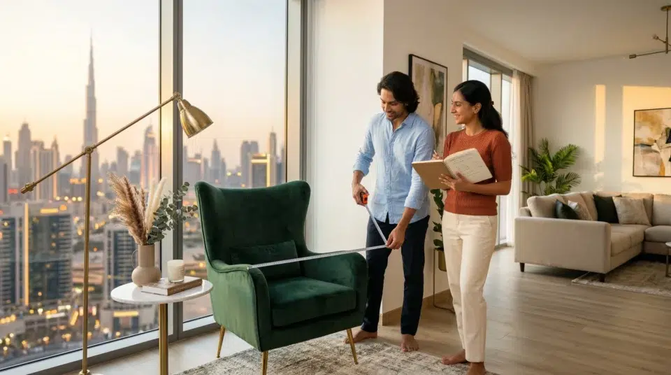 Couple buying accent chair, Dubai apartment, Business Bay corner styling guide, Karnak Home UAE