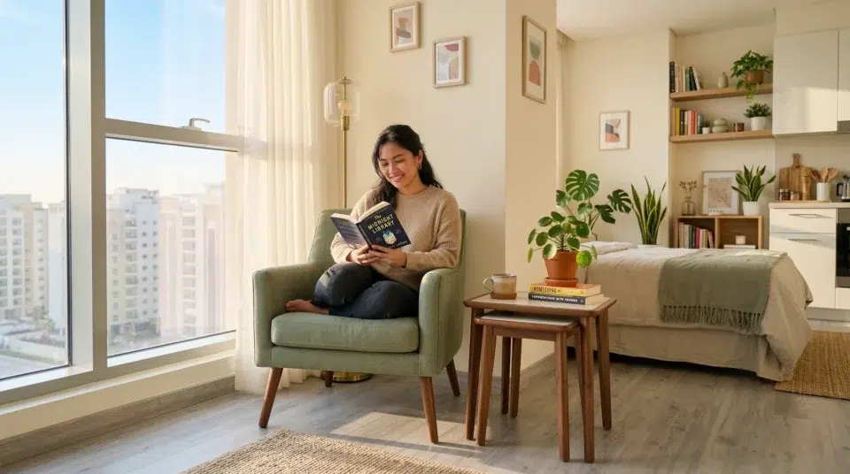 Accent chair small apartment UAE JVC Dubai studio sage green slim profile morning light, Karnak Home