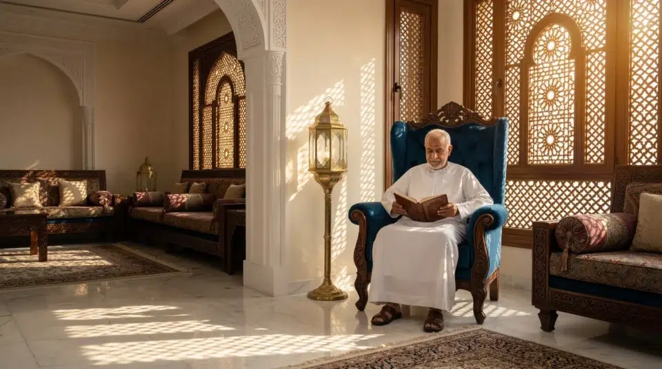 Arabic accent chair, UAE majlis Abu Dhabi villa formal sitting room carved walnut velvet, Karnak Home