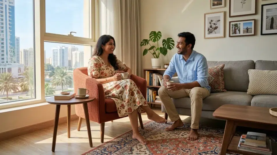 Affordable accent chairs UAE Sharjah apartment couple terracotta barrel chair stylish budget, Karnak Home