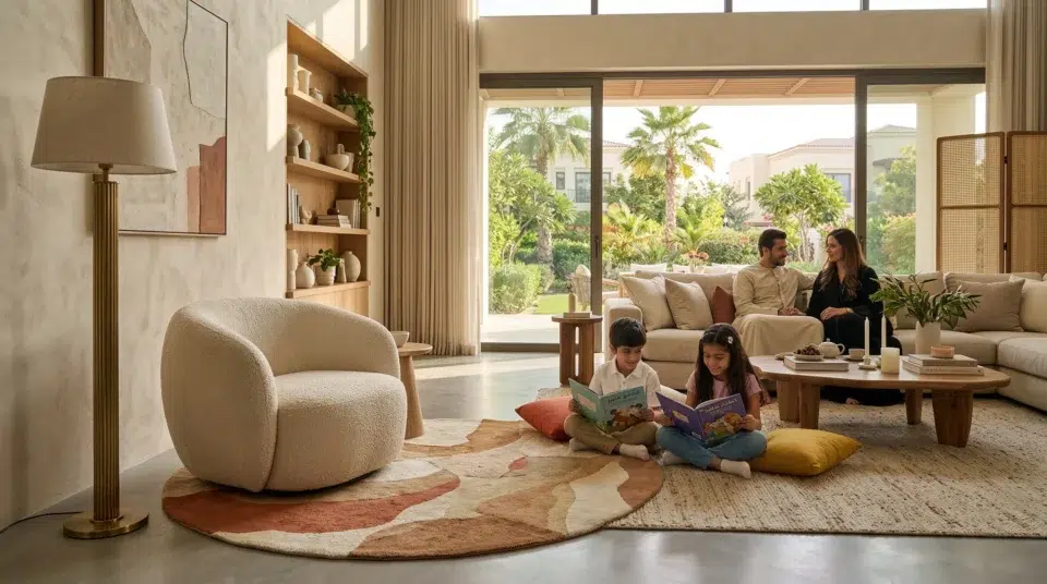 Accent chair trends Dubai 2026 curved bouclé villa living room Karnak Home UAE