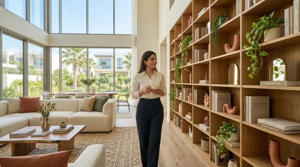 Bookshelf trends UAE 2026 floor-to-ceiling modular bookcase Dubai Hills villa with earthy styling, Karnak Home