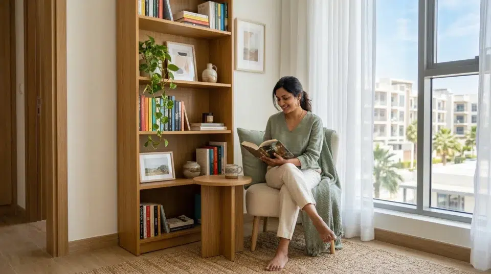 Home library UAE apartment Jumeirah Village Circle narrow honey oak bookcase reading corner, Karnak Home
