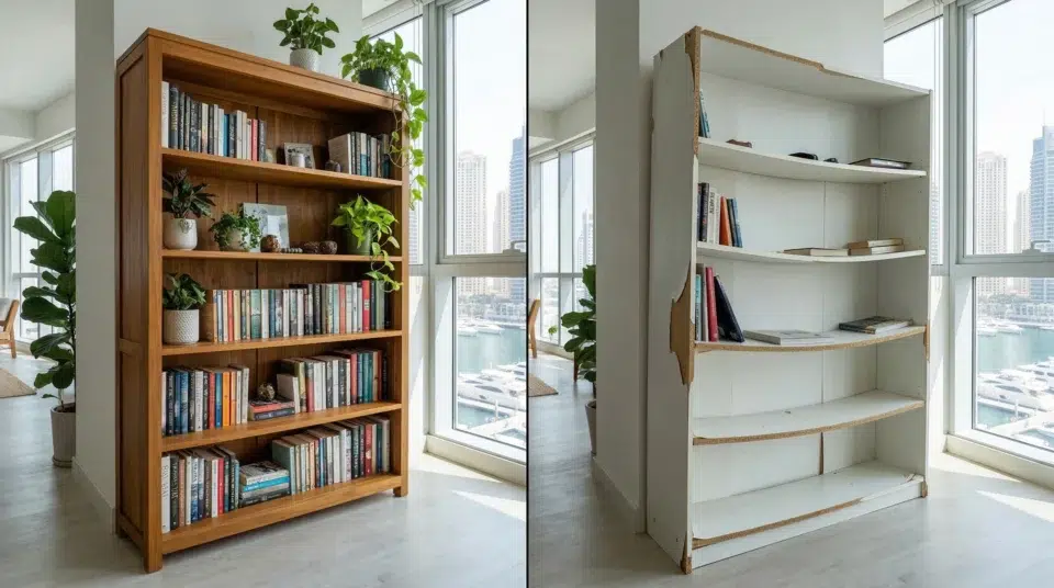 Wooden bookshelf UAE climate comparison solid teak surviving Dubai Marina humidity versus warped particle board, Karnak Home