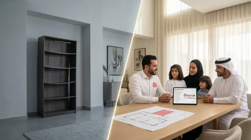 Bookshelf buying mistakes UAE 2026 Karnak Home consultant reviewing measurements with Jumeirah villa family, Karnak Home