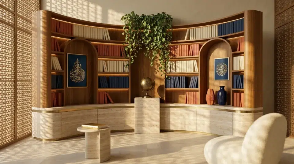 Bookshelf styling Dubai 2026 honey walnut floor-to-ceiling bookcase professionally styled Dubai Hills Estate villa, Karnak Home