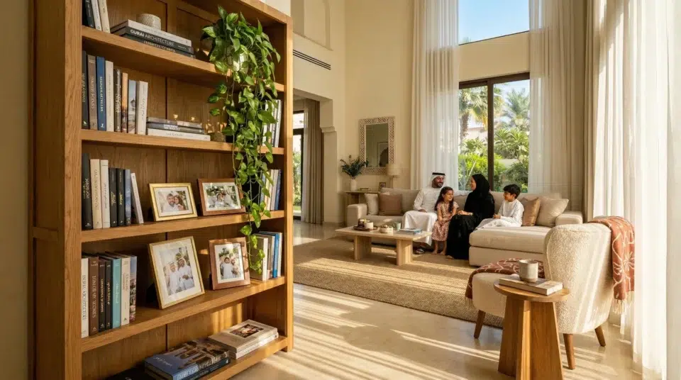 Tall wooden bookshelf Dubai villa living room styled with books and family photos, Karnak Home UAE