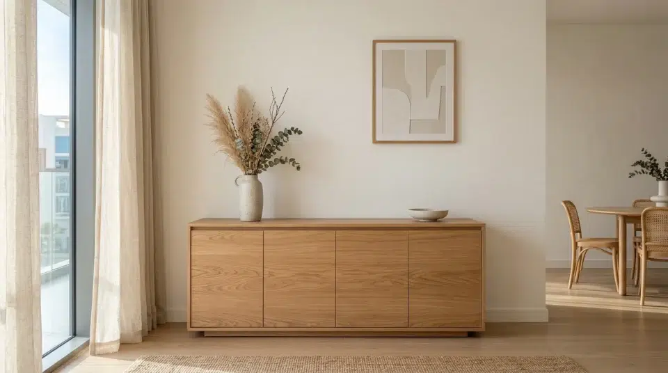 Japandi sideboard Abu Dhabi 2026, warm ash handleless buffet in UAE apartment, Karnak Home