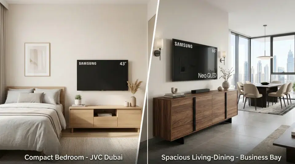 Buffet vs TV unit UAE comparison — JVC apartment TV unit vs Business Bay sideboard media wall, Karnak Home