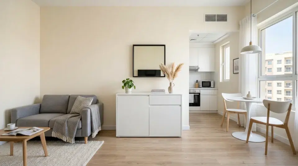 Wooden buffet Dubai heat — solid teak drawer detail in Sharjah villa, natural wood grain, Karnak Home UAE